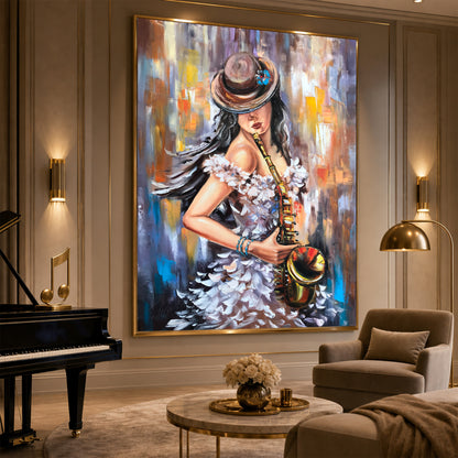 Woman Playing Saxophone Painting | Female Musician Jazz Wall Art | Original Abstract Saxophonist Oil Painting Decor