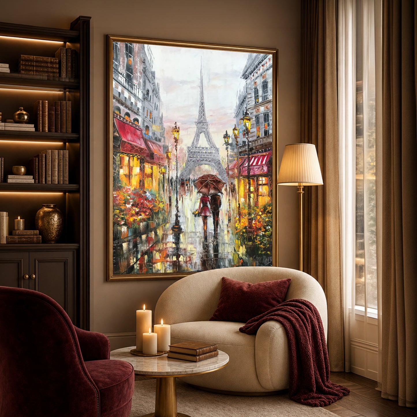 Couple Walking in Paris Oil Painting Original | Rainy Day Paris Street Scene, Red Umbrella Art