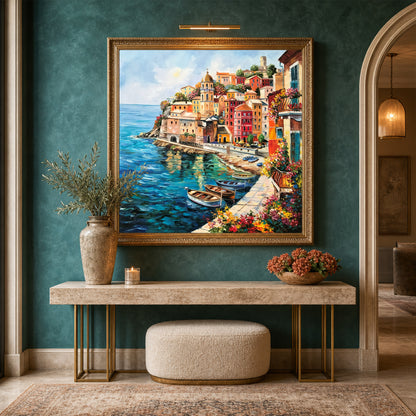 Vernazza Cinque Terre Oil Painting | Original Famous Italian Coastal Village Wall Art, Italy Coast Artwork