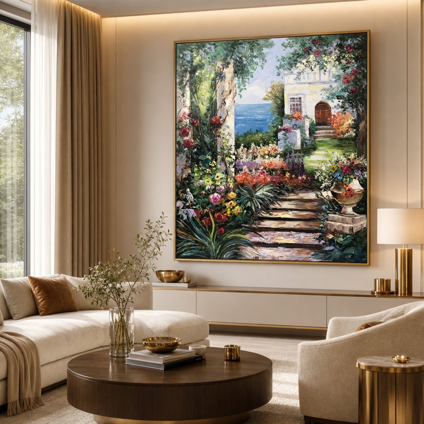Romantic Garden Oil Painting Original Hand-Painted Artwork of Tuscany Mediterranean Garden Wall Art, Italian Villa Painting
