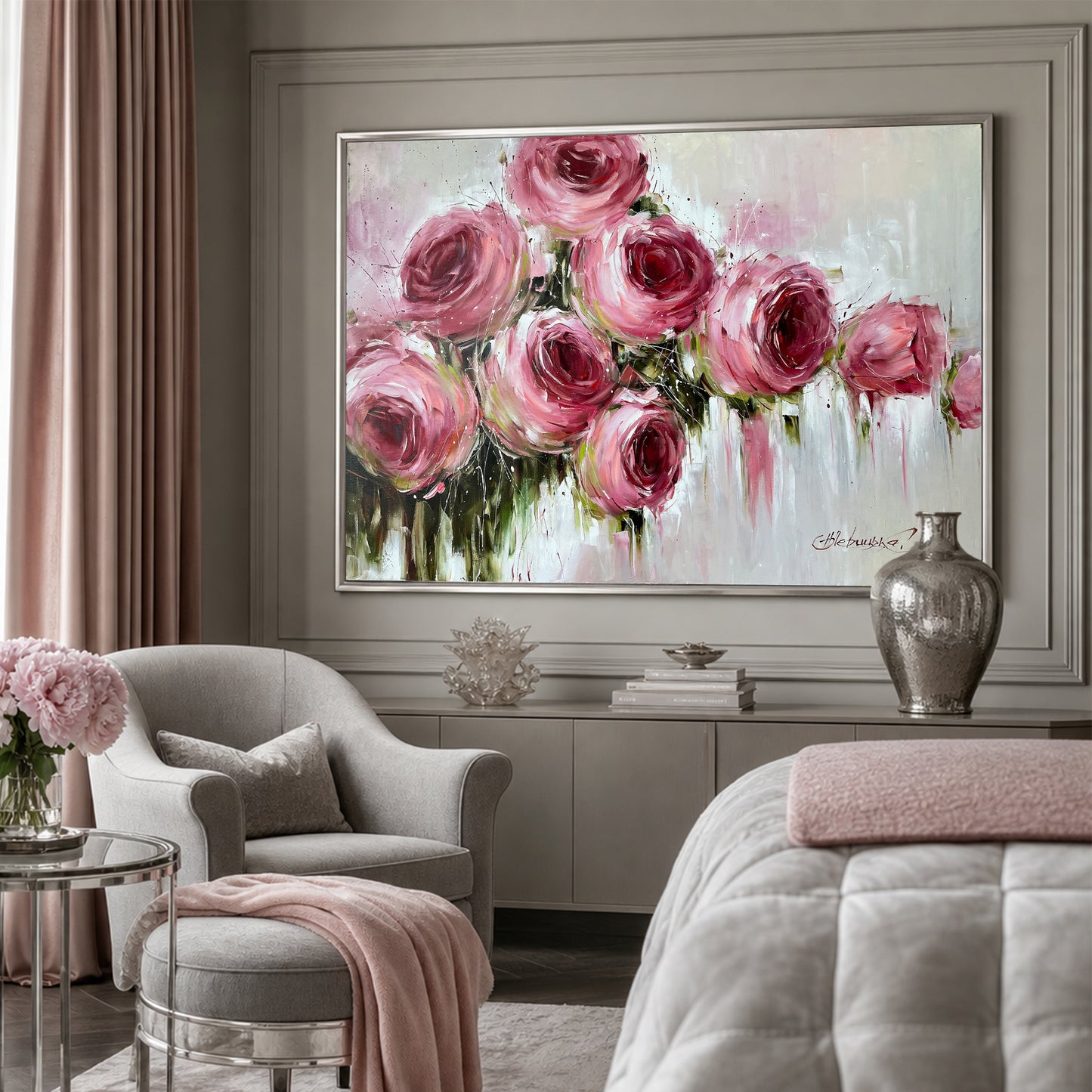 Large Pink Roses Oil Painting Original Hand Painted Rose Flower Canvas Wall Art | Oversized Abstract Romantic Rose Painting 64x48