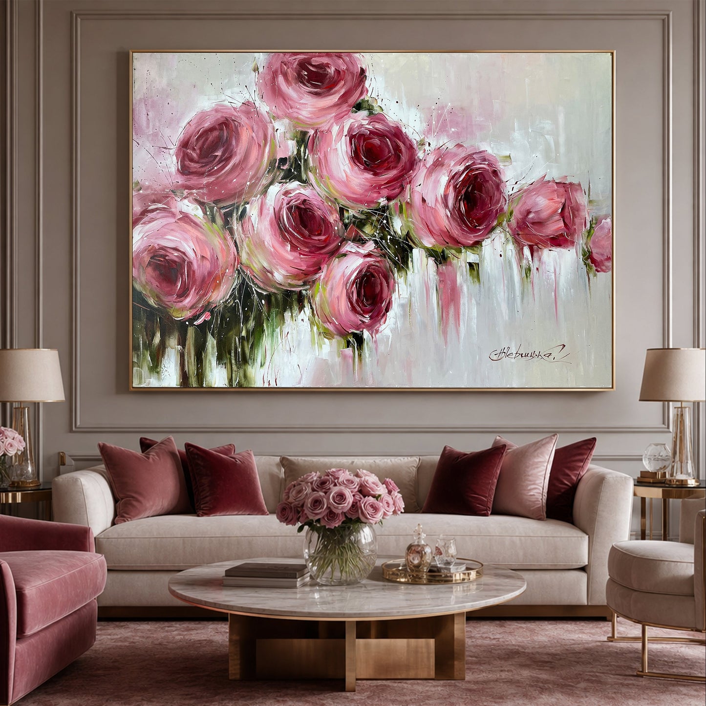 Large Pink Roses Oil Painting Original Hand Painted Rose Flower Canvas Wall Art | Oversized Abstract Romantic Rose Painting 64x48