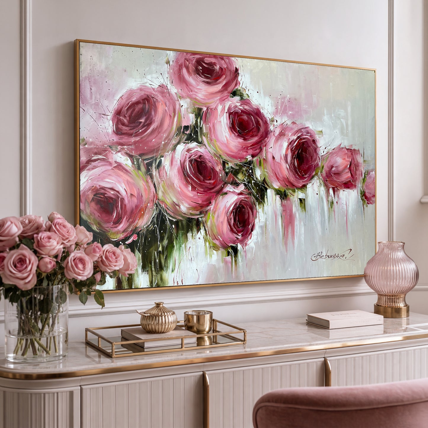 Large Pink Roses Oil Painting Original Hand Painted Rose Flower Canvas Wall Art | Oversized Abstract Romantic Rose Painting 64x48