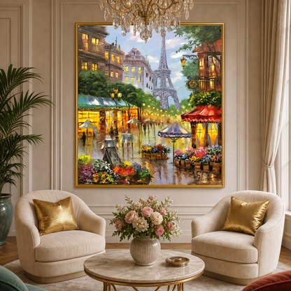 Romantic Paris Street Scene Oil Painting | Large Eiffel Tower Artwork, French Flower Market Painting on Canvas