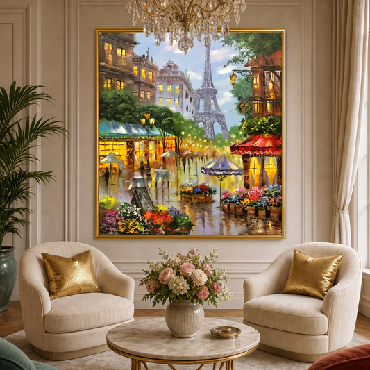 Romantic Paris Street Scene Oil Painting | Large Eiffel Tower Artwork, French Flower Market Painting on Canvas