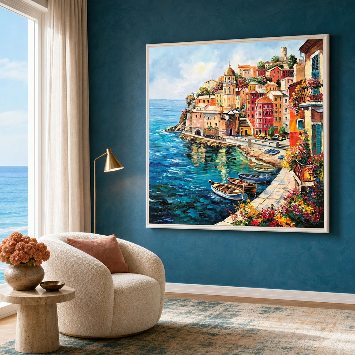 Vernazza Cinque Terre Oil Painting | Original Famous Italian Coastal Village Wall Art, Italy Coast Artwork