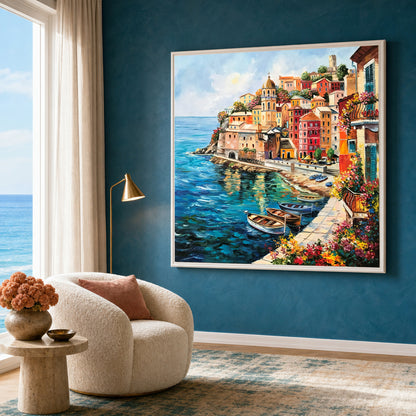 Vernazza Cinque Terre Oil Painting | Original Famous Italian Coastal Village Wall Art, Italy Coast Artwork