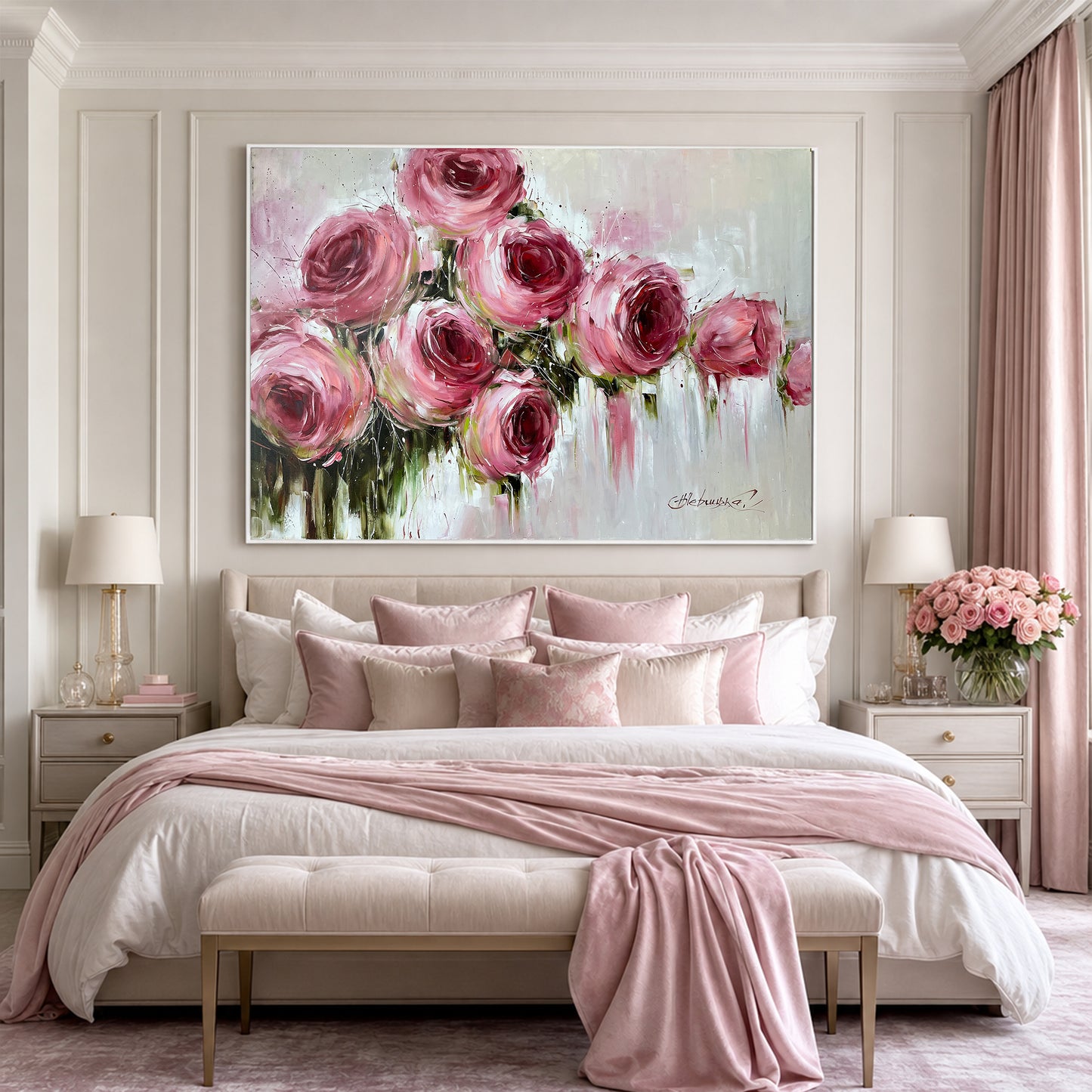 Large Pink Roses Oil Painting Original Hand Painted Rose Flower Canvas Wall Art | Oversized Abstract Romantic Rose Painting 64x48