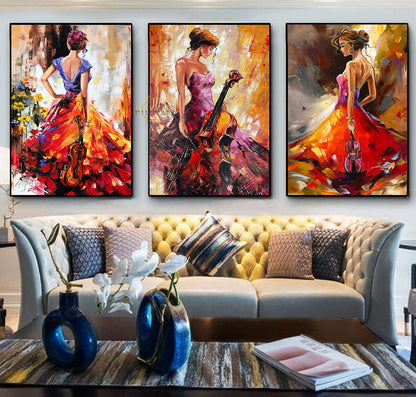 3 Matching Paintings on Canvas Set of Three Wall Art Abstract Woman Oil Paintings 3 Piece Wall Art Set Music Inspired Paintings Set