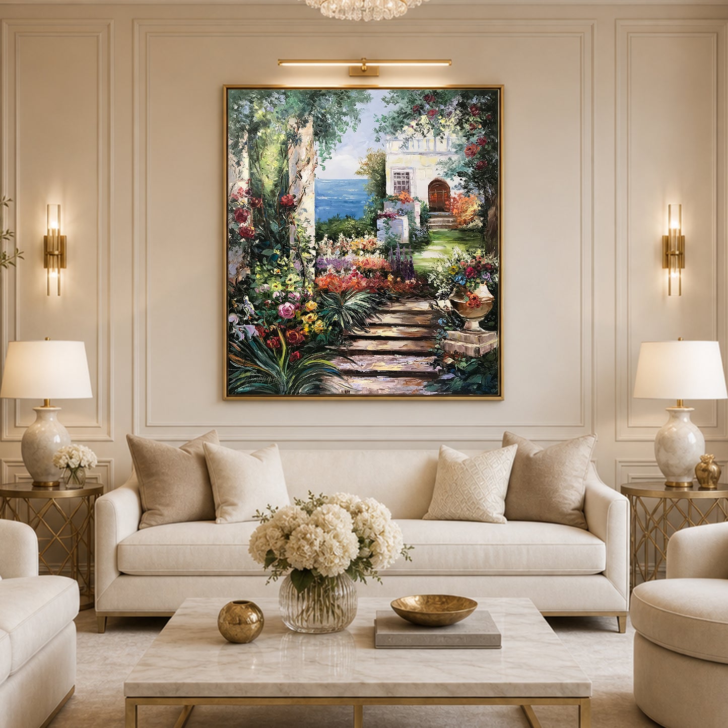 Romantic Garden Oil Painting Original Hand-Painted Artwork of Tuscany Mediterranean Garden Wall Art, Italian Villa Painting