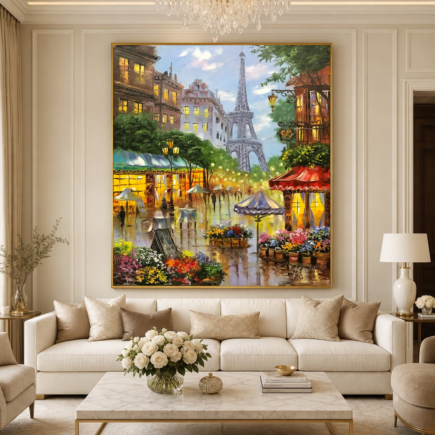 Romantic Paris Street Scene Oil Painting | Large Eiffel Tower Artwork, French Flower Market Painting on Canvas