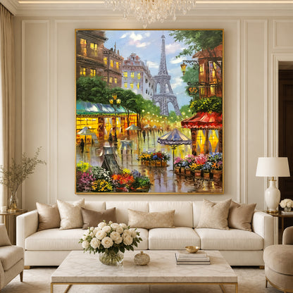 Romantic Paris Street Scene Oil Painting | Large Eiffel Tower Artwork, French Flower Market Painting on Canvas