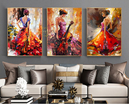 3 Matching Paintings on Canvas Set of Three Wall Art Abstract Woman Oil Paintings 3 Piece Wall Art Set Music Inspired Paintings Set