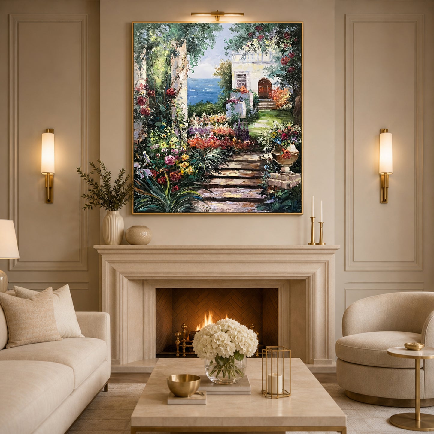 Romantic Garden Oil Painting Original Hand-Painted Artwork of Tuscany Mediterranean Garden Wall Art, Italian Villa Painting