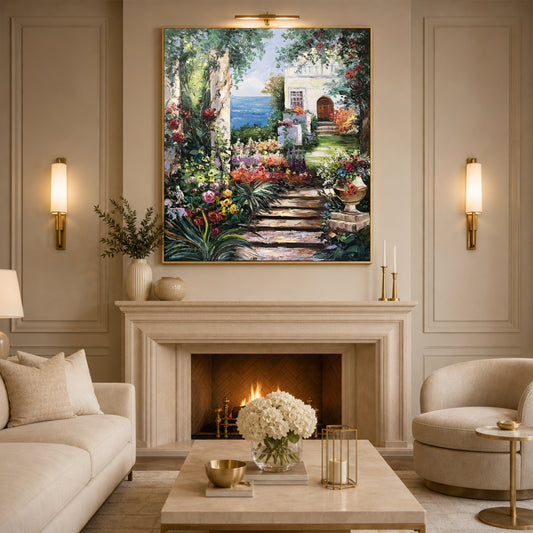 Romantic Garden Oil Painting Original Hand-Painted Artwork of Tuscany Mediterranean Garden Wall Art, Italian Villa Painting