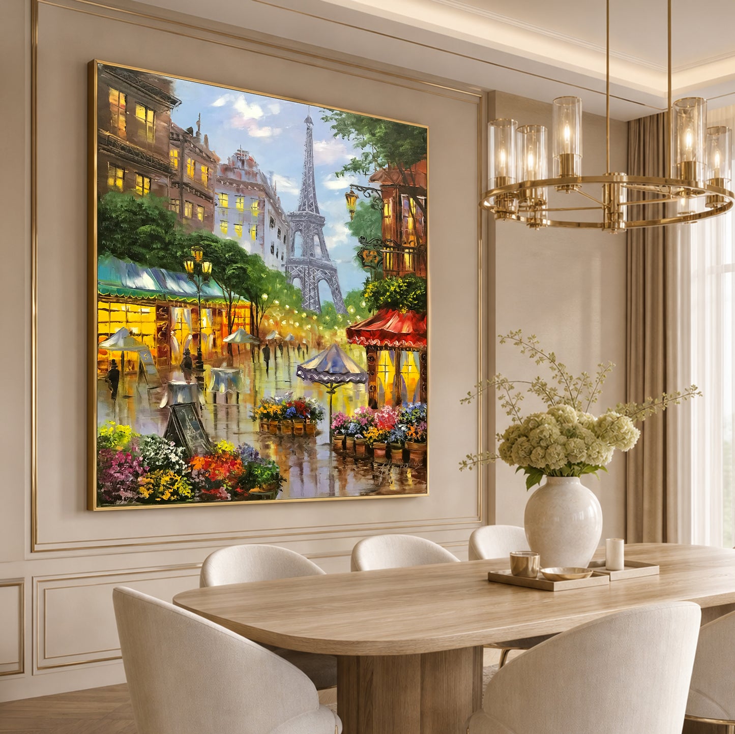 Romantic Paris Street Scene Oil Painting | Large Eiffel Tower Artwork, French Flower Market Painting on Canvas