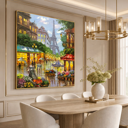 Romantic Paris Street Scene Oil Painting | Large Eiffel Tower Artwork, French Flower Market Painting on Canvas