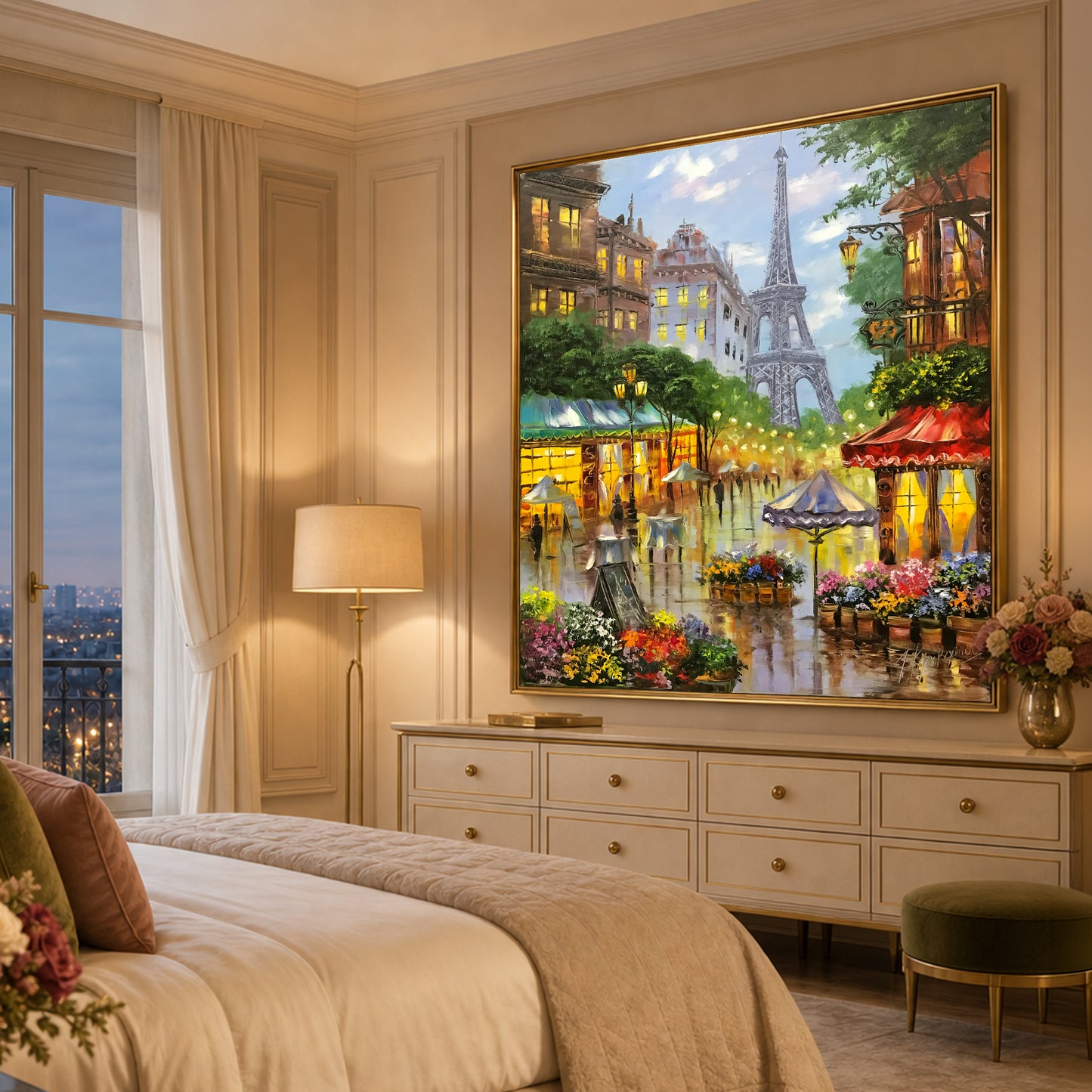 Romantic Paris Street Scene Oil Painting | Large Eiffel Tower Artwork, French Flower Market Painting on Canvas