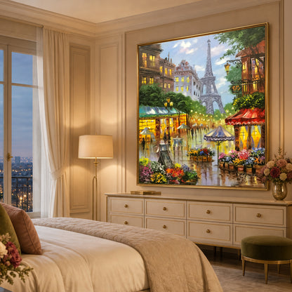 Romantic Paris Street Scene Oil Painting | Large Eiffel Tower Artwork, French Flower Market Painting on Canvas
