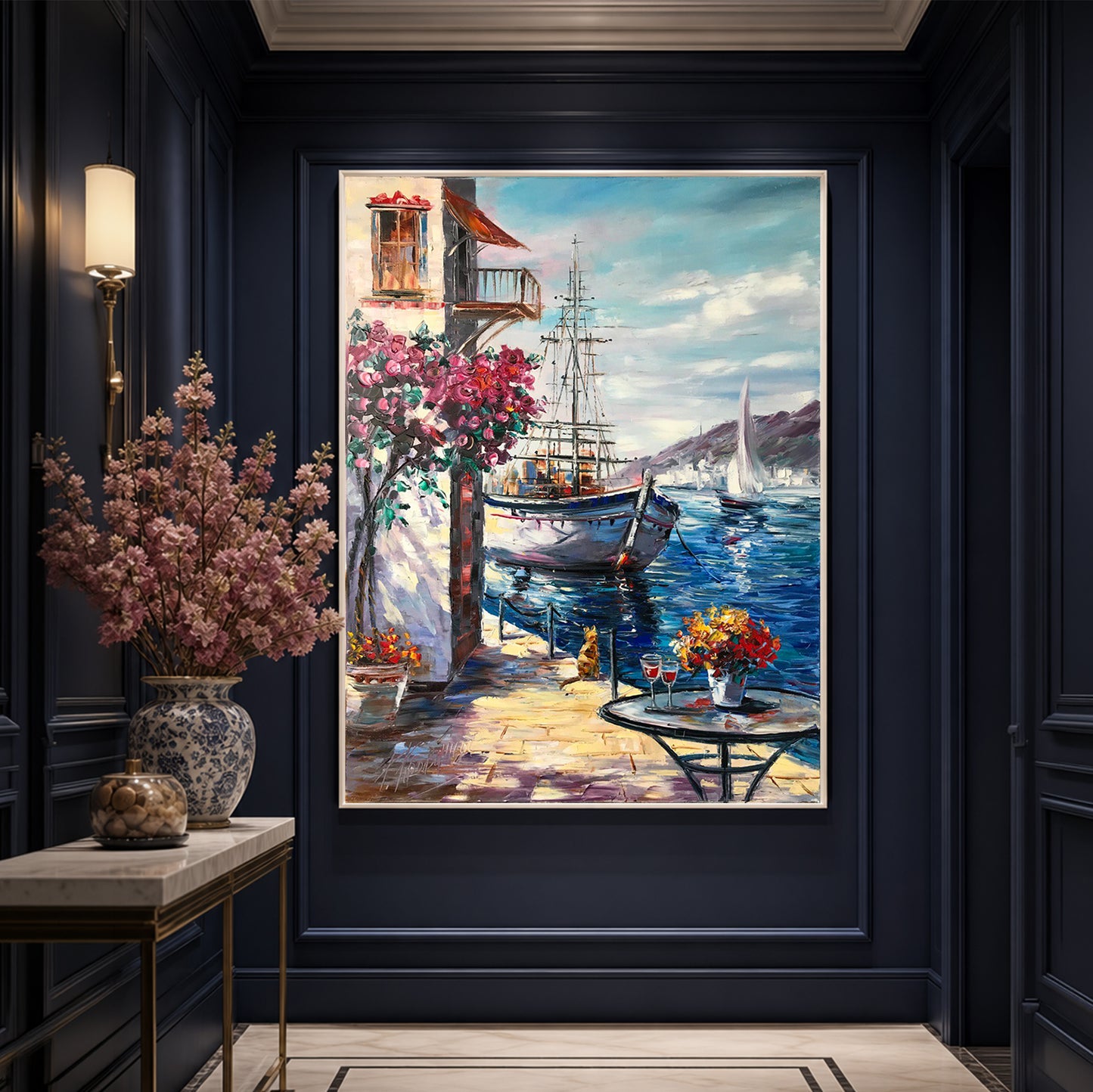 Mediterranean Cafe Oil Painting on Canvas, Extra Large Seascape Canvas Wall Art, Greece Artwork