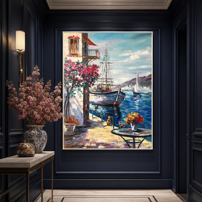 Mediterranean Cafe Oil Painting on Canvas, Extra Large Seascape Canvas Wall Art, Greece Artwork