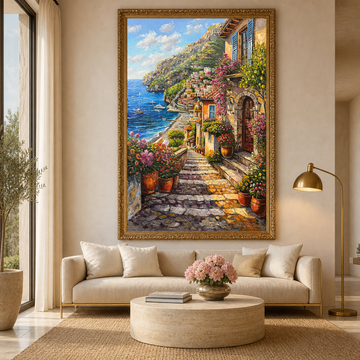 Positano Amalfi Coast Oil Painting on Canvas | Original Italian Street Scene Art | Italy Coastal Painting, Lemon Tree Artwork