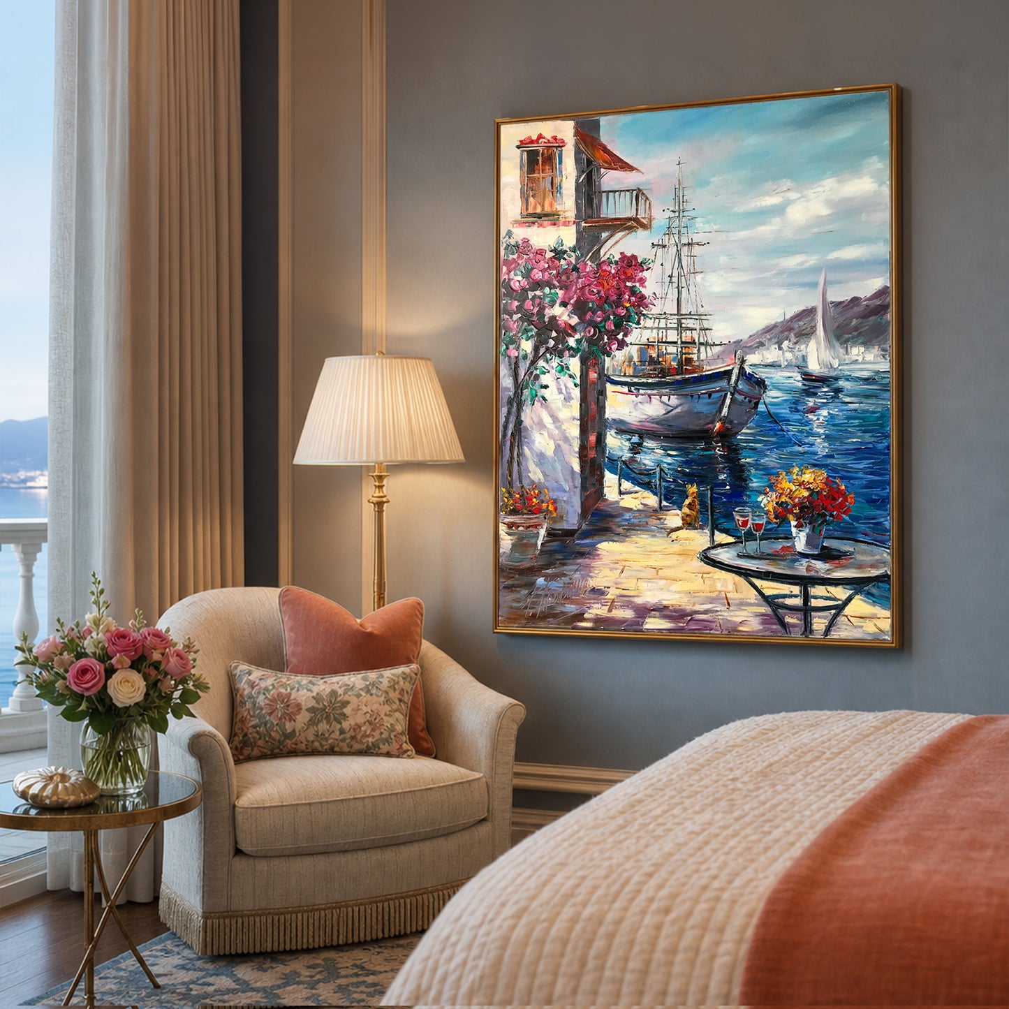 Mediterranean Cafe Oil Painting on Canvas, Extra Large Seascape Canvas Wall Art, Greece Artwork