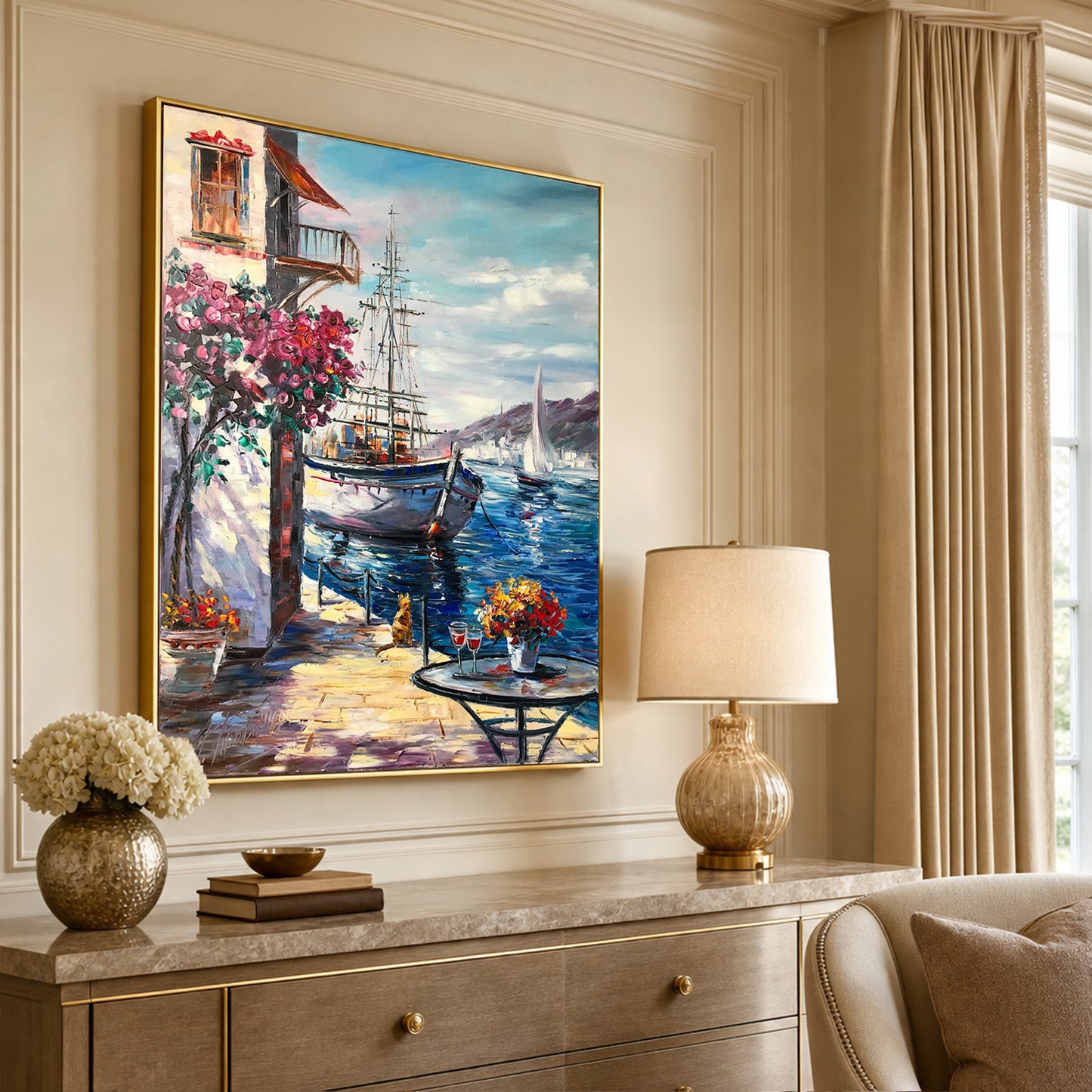 Mediterranean Cafe Oil Painting on Canvas, Extra Large Seascape Canvas Wall Art, Greece Artwork