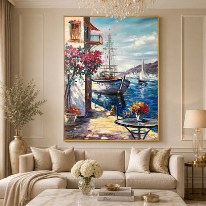 Mediterranean Cafe Oil Painting on Canvas, Extra Large Seascape Canvas Wall Art, Greece Artwork