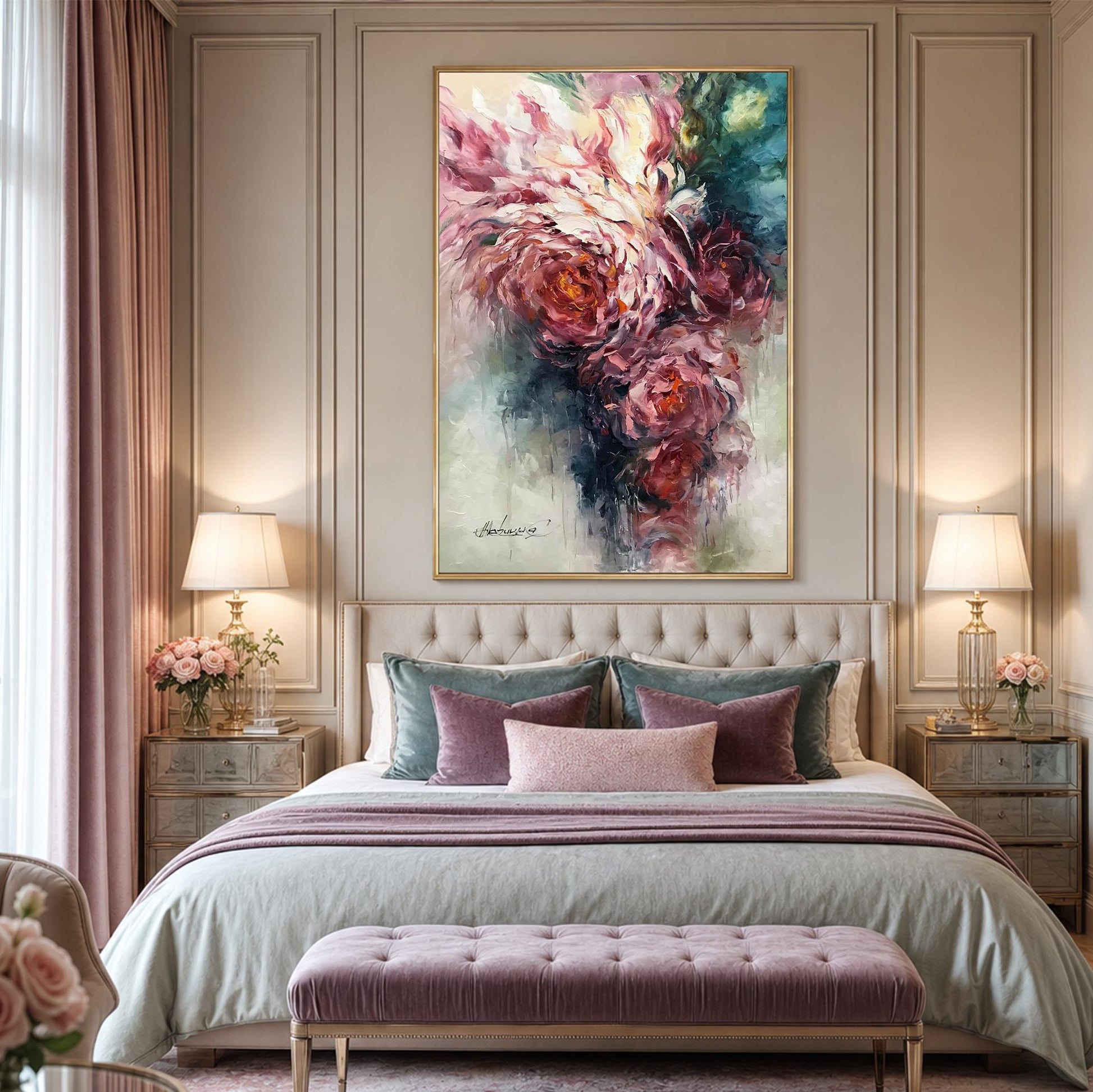 A large framed vertical canvas painting of pink and red peonies hangs on a beige paneled wall above a tufted bed in a styled bedroom.