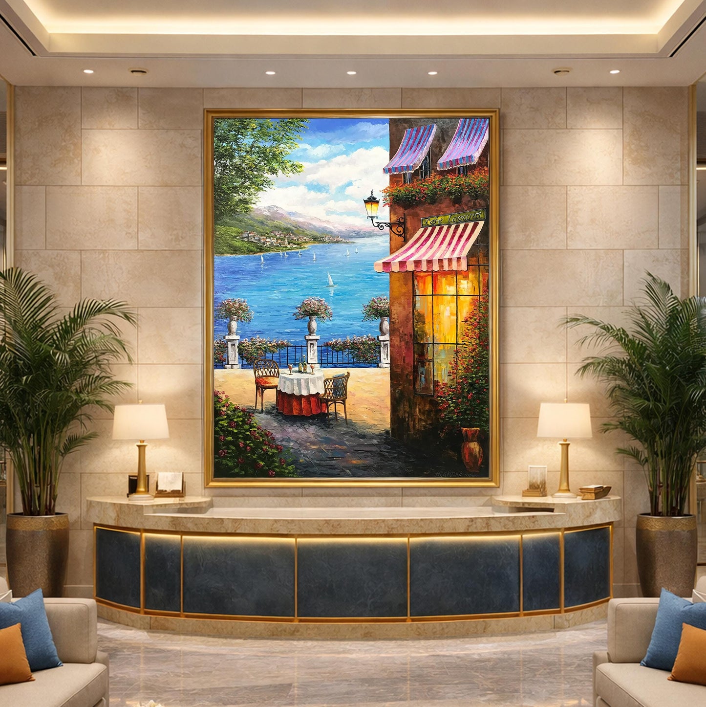 Amalfi Coast canvas painting framed in gold, ready to hang