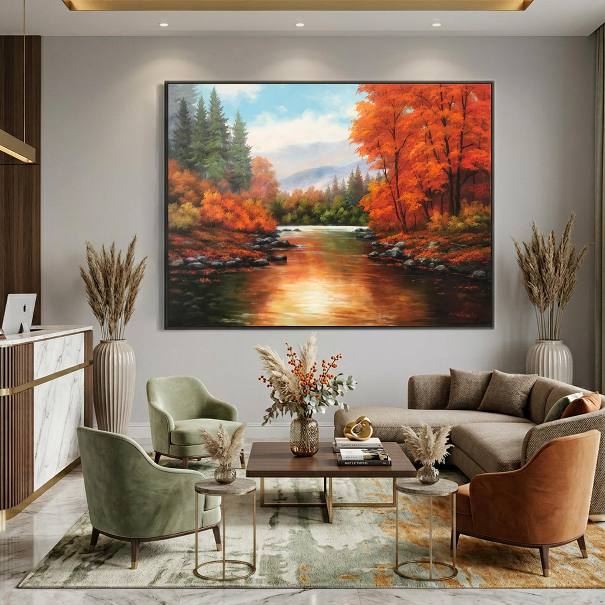 Autumnal river landscape oil painting displayed on a living room wall