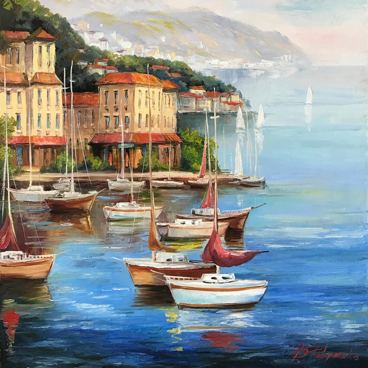 Close-up brushstrokes of boats and Portofino villas at Italian Riviera oil painting on canvas