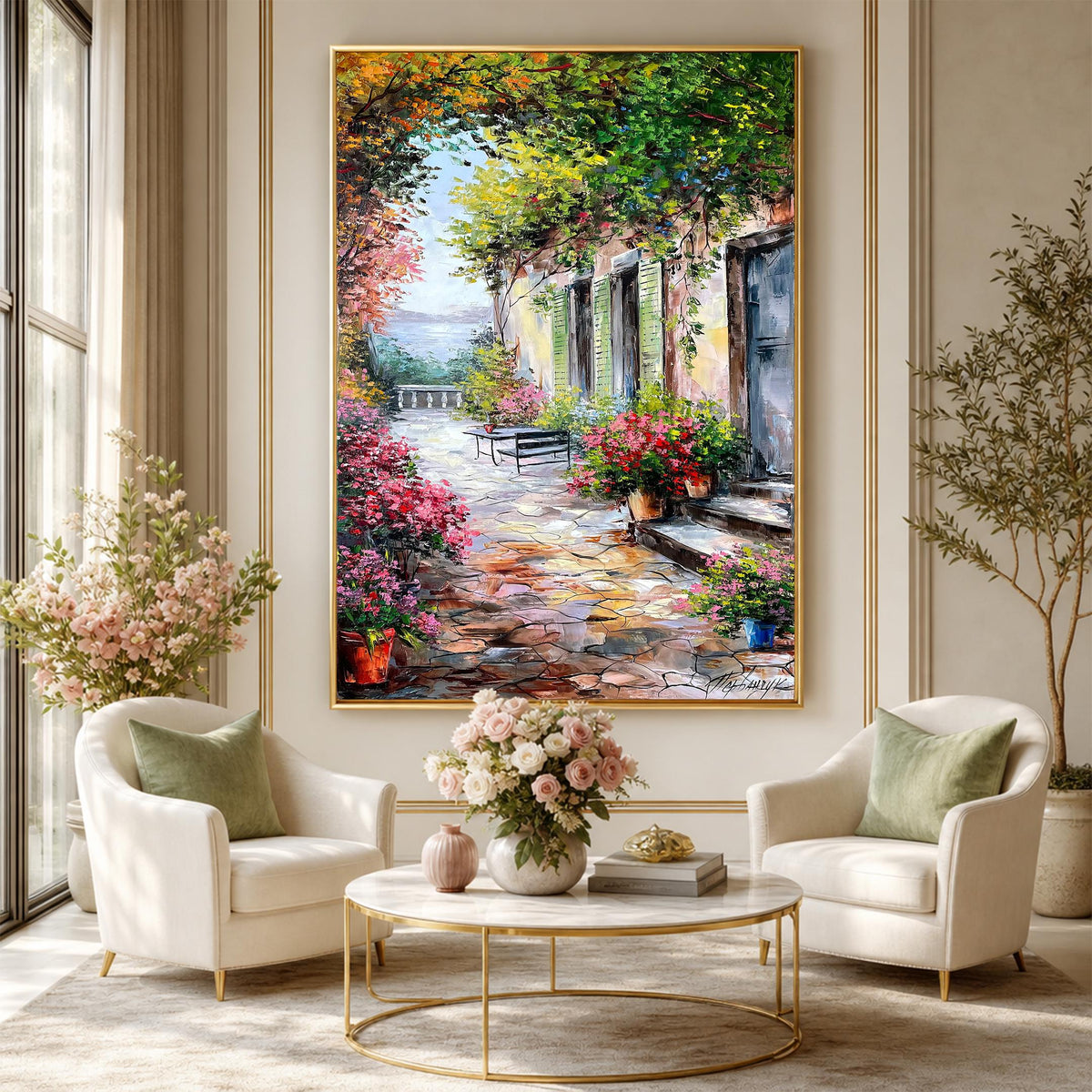 Close-up brushstrokes Italian garden oil painting canvas texture