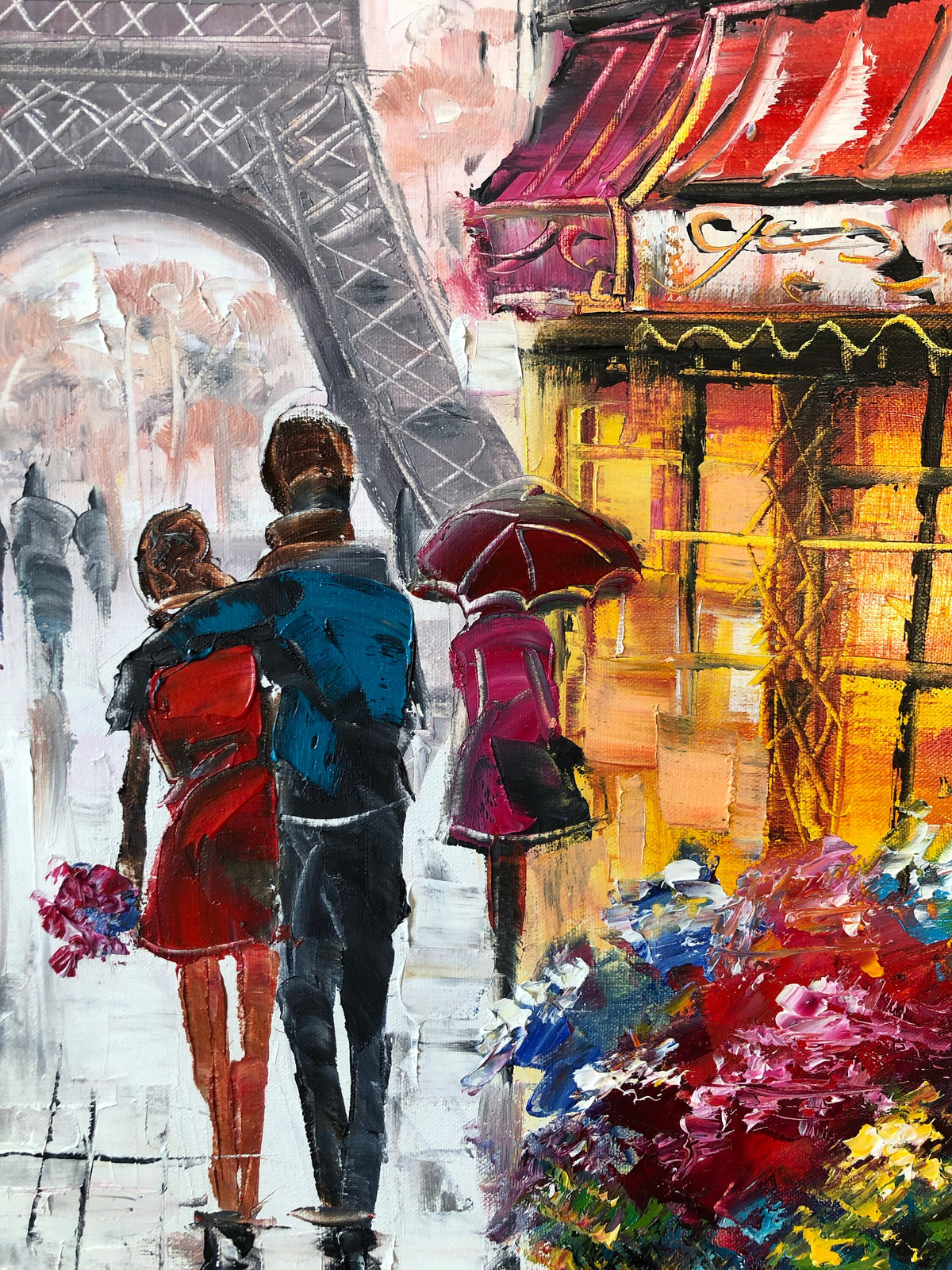 Close-up brushstrokes Parisian rain painting canvas texture