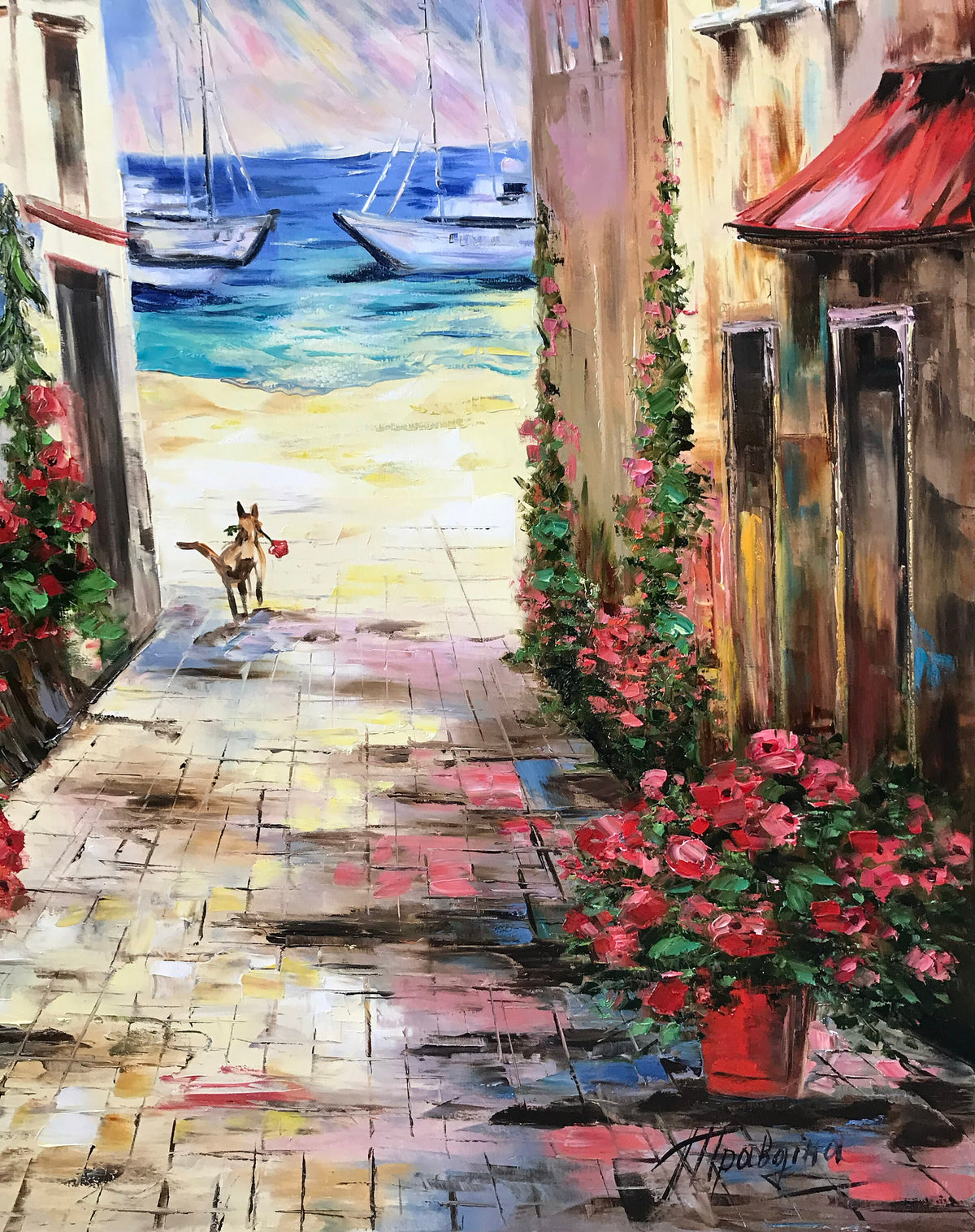 Close-up brushstrokes Portofino coastal village canvas texture