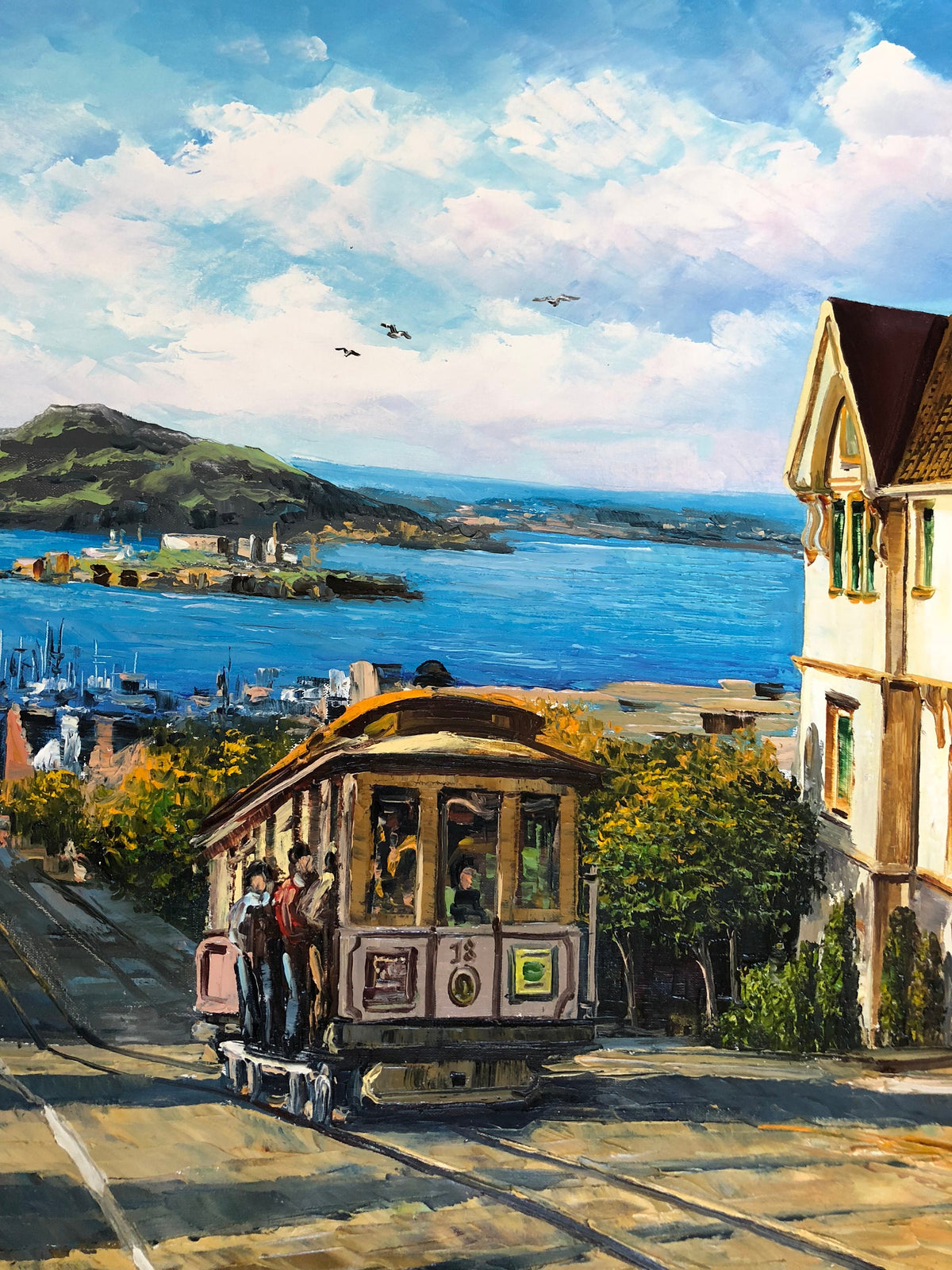 Close-up brushstrokes San Francisco cityscape canvas texture
