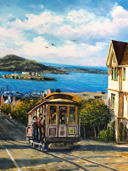 Close-up brushstrokes San Francisco cityscape canvas texture
