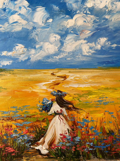 Close-up brushstrokes Ukrainian countryside painting canvas texture