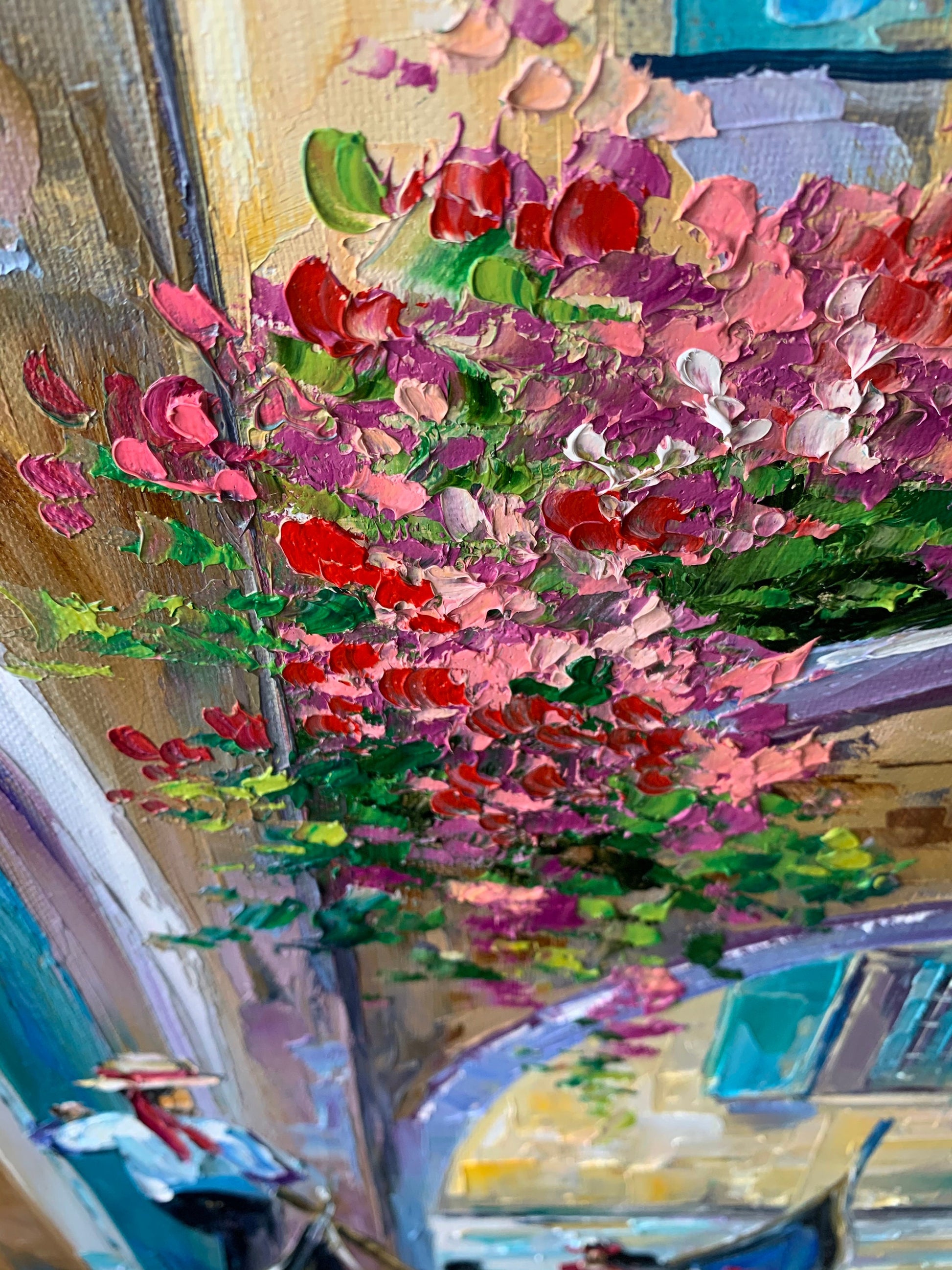 Close-up brushstrokes of handmade Venice canal oil painting
