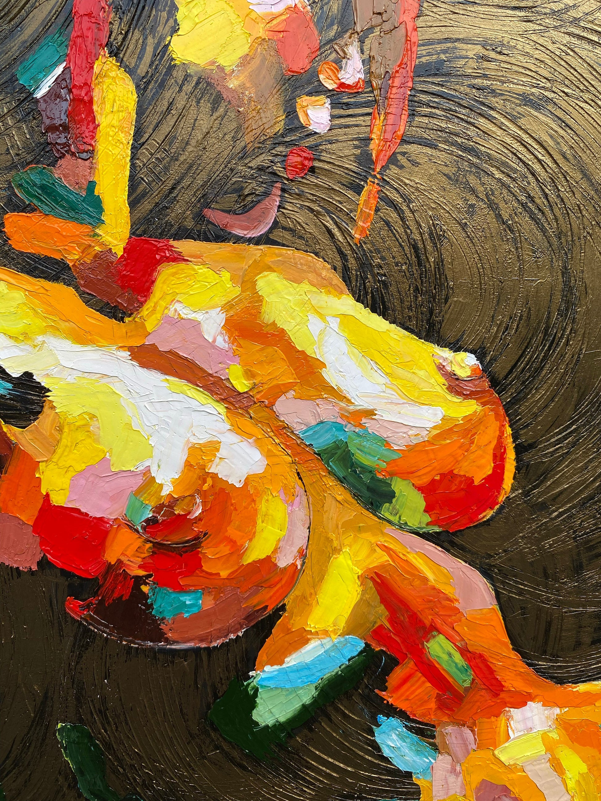 Close-up brushstrokes of sensual nude female body oil painting