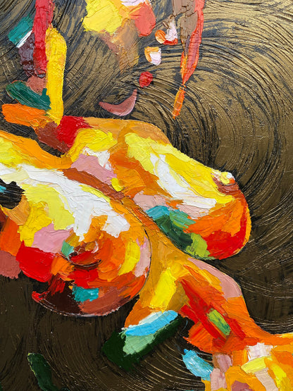 Close-up brushstrokes of sensual nude female body oil painting