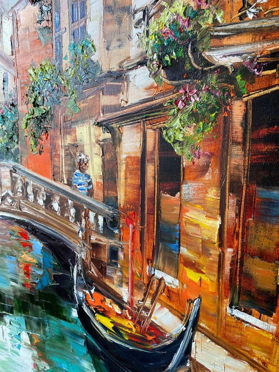 Close-up brushwork detail of Italian Venice cityscape painting