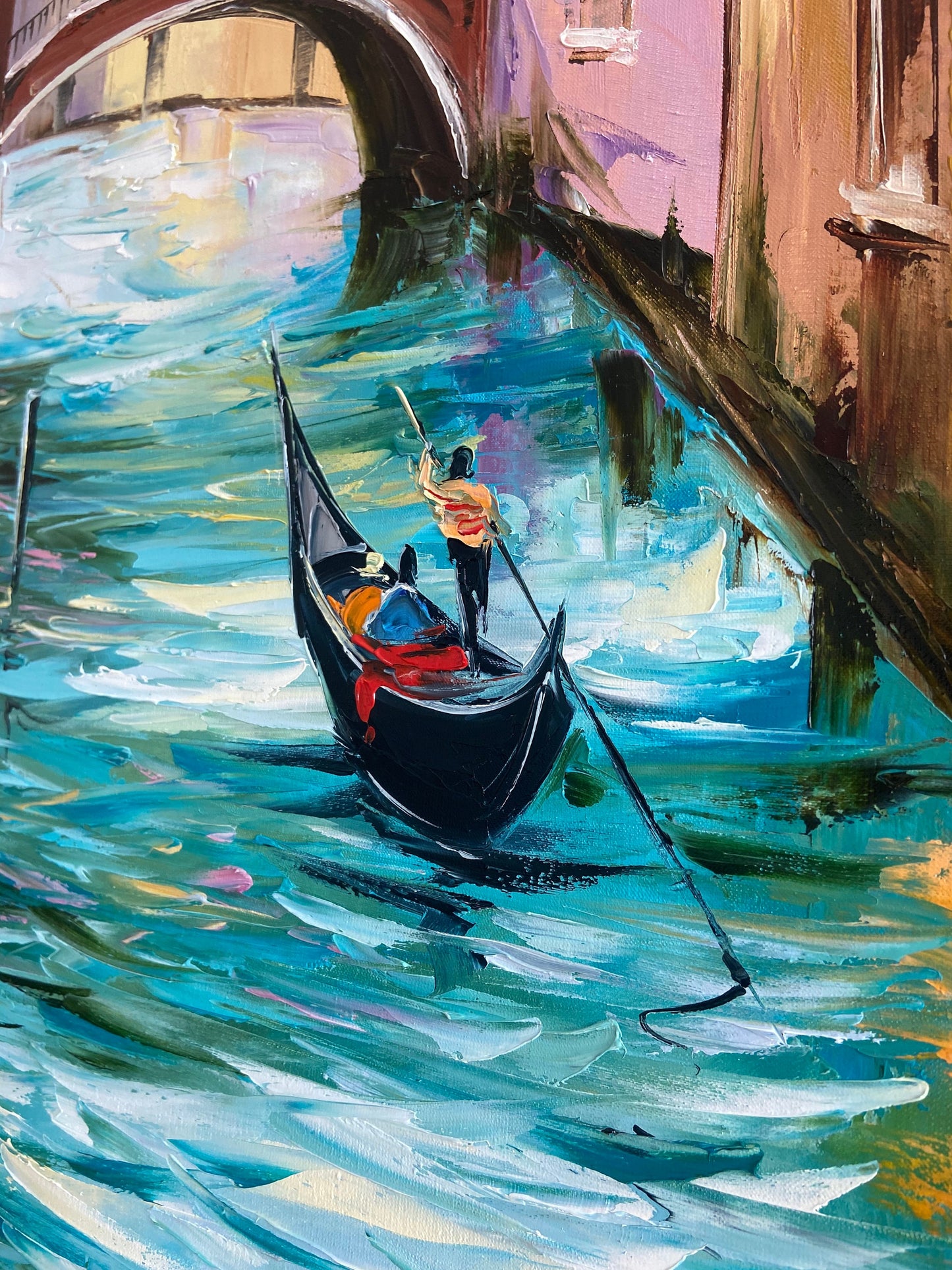 Painting of a gondola on a canal with a gondolier, reflecting buildings on the water.