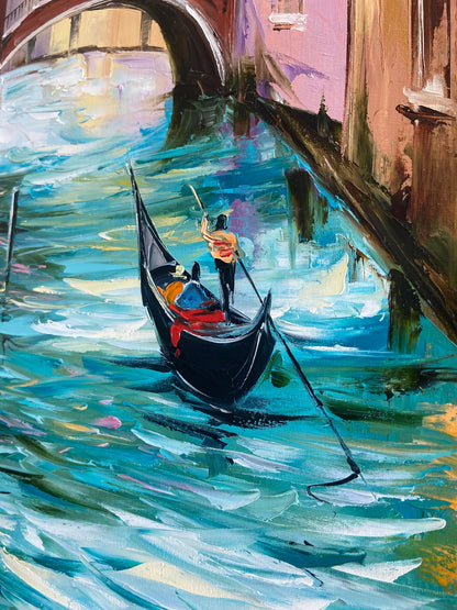 Painting of a gondola on a canal with a gondolier, reflecting buildings on the water.