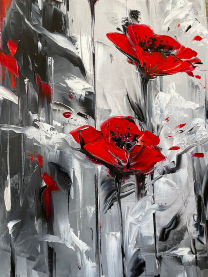 Close-up brushwork detail of handmade red poppy oil painting