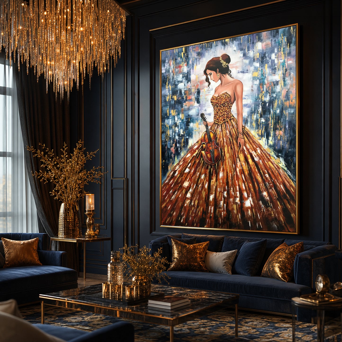 Close-up brushwork detail of luxury classical violinist painting
