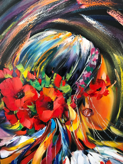 Close-up brushwork detail of modern faceless woman painting 
