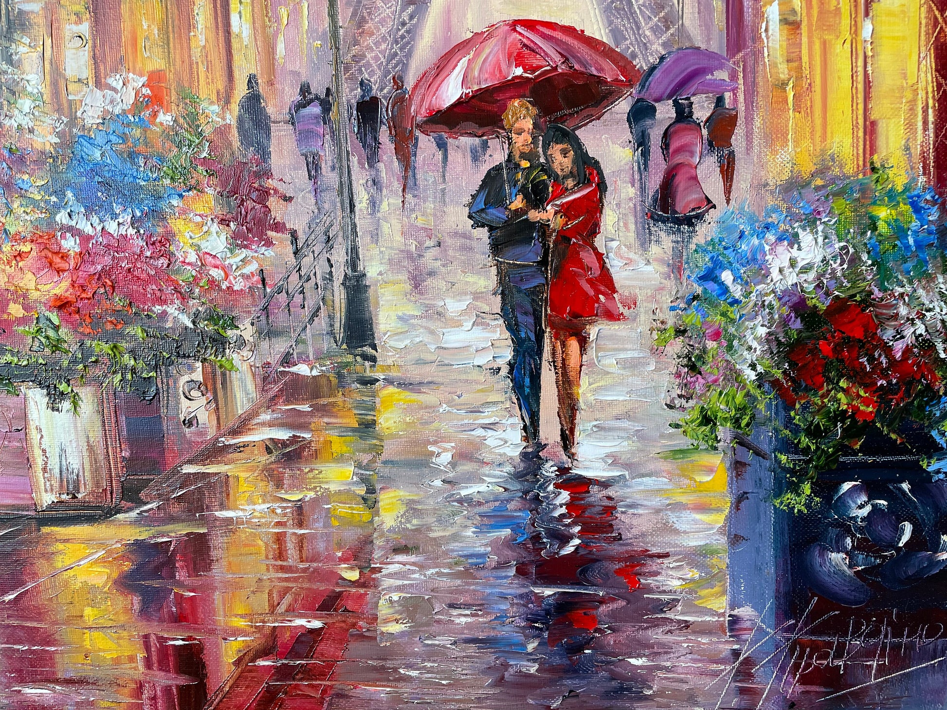Close-up brushwork detail of romantic Paris street painting. An impressionistic painting of a couple walking hand in hand under a red umbrella on a rainy city street, with colorful flower arrangements, blurred pedestrians, and warm yellow and red reflections on the wet pavement.