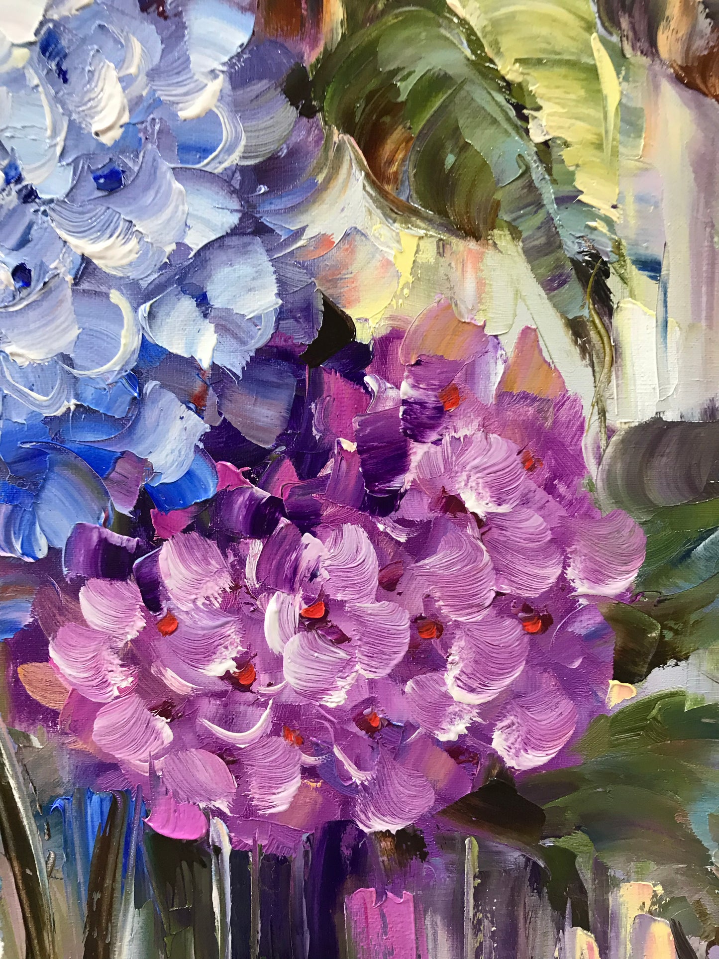 Close-up brushwork detail of textured hydrangea flower painting